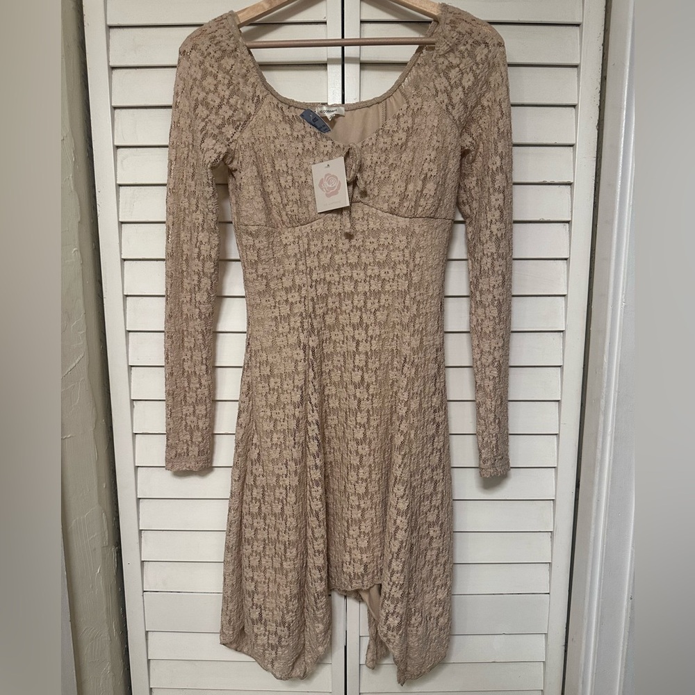 No Comment Long Sleeve Beige Green Knit Dress with Handkerchief Hem Sz S